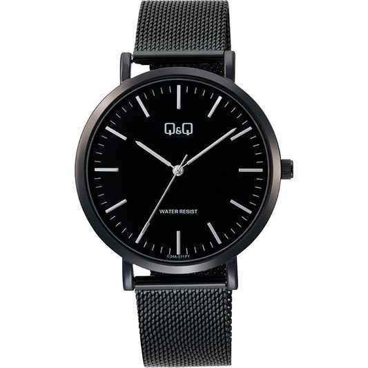 Q&Q Mod. GENT ONLY TIME wristwatch with 40mm metal case, mesh strap, quartz movement, 3 ATM water resistance, and mineral dial.