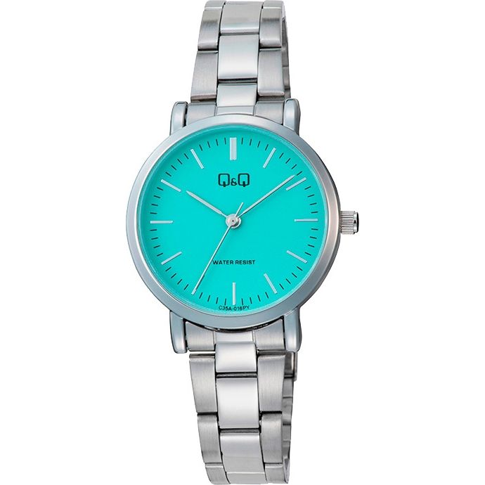 Q&Q Mod. LADY ONLY TIME wristwatch with turquoise dial, metal strap, and 3 ATM water resistance, displayed in official packaging.
