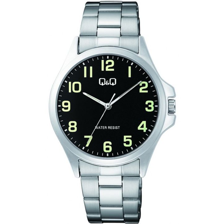 Q&Q Mod. GENT ONLY TIME men's wristwatch with metal strap, 40mm case, water resistant, quartz movement, mineral dial with official box packaging.