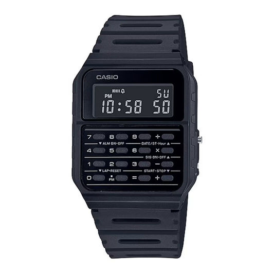 CASIO VINTAGE Mod. CALCULATOR EDGY COLLECTION - FULL BLACK unisex multifunction quartz wristwatch with resin strap and mineral dial.