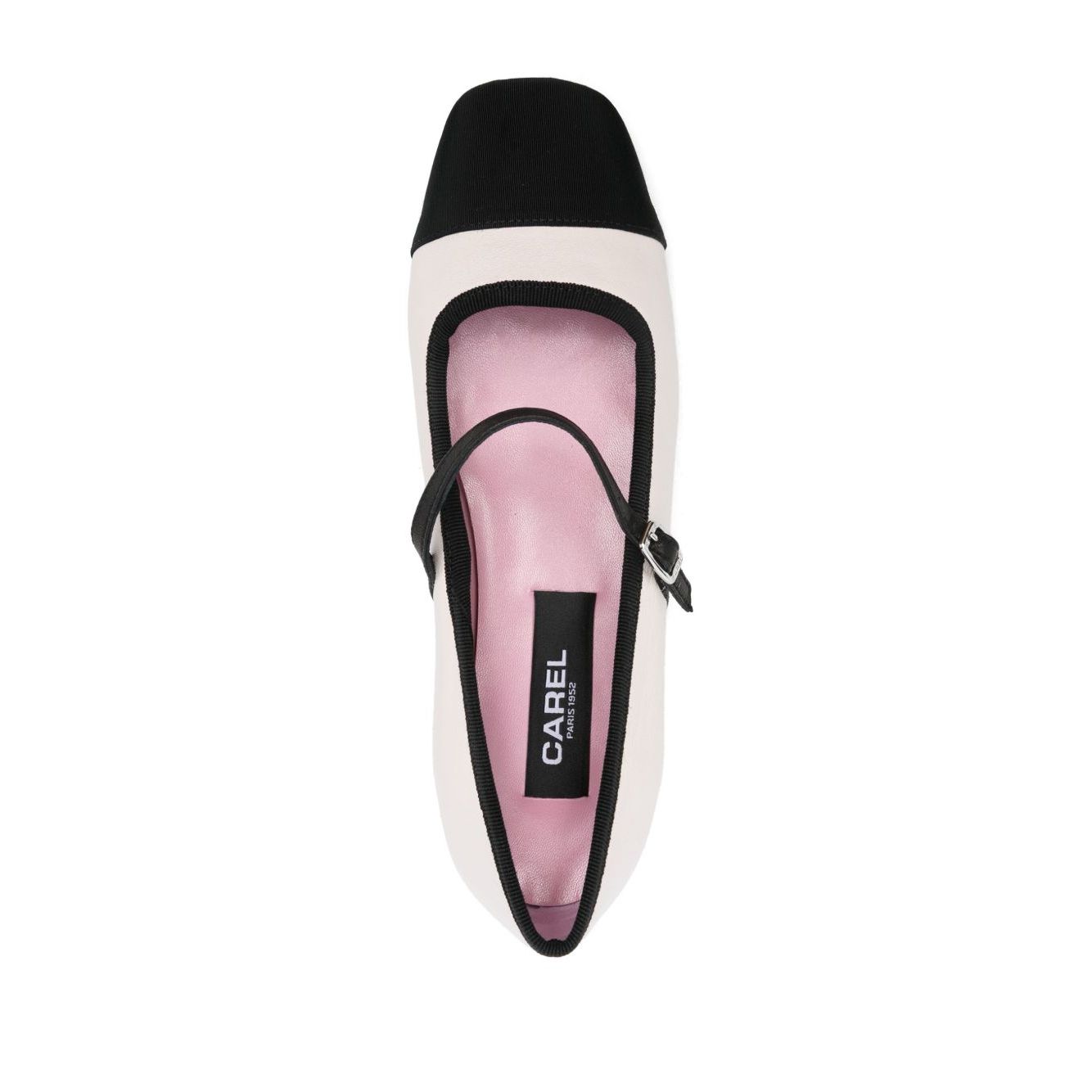 CAREL PARIS Flat shoes Beige with buckle strap, branded insole, contrasting toecap and flat sole, top view.