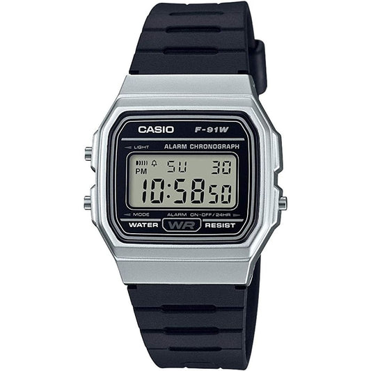 CASIO VINTAGE Mod. F-91 BIO RESIN STRAP - SILVER with black resin strap, unisex wristwatch, 35mm case, 3 ATM water resistance.