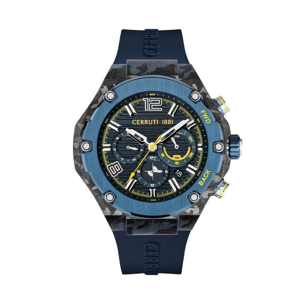 CERRUTI 1881 Mod. LUCARDO men's watch with blue strap and dial, featuring bold numerals and chronograph functionality.