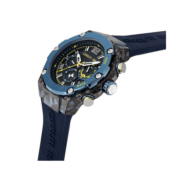 CERRUTI 1881 Mod. LUCARDO men's watch with blue and camo design, featuring large numerals and multifunctional dial.