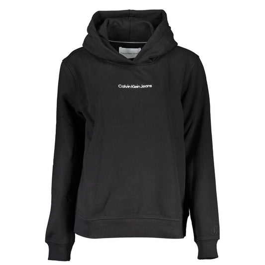 Calvin Klein Black Cotton Sweatshirt with hood, long sleeves, embroidered logo, and transitional fleece fabric.