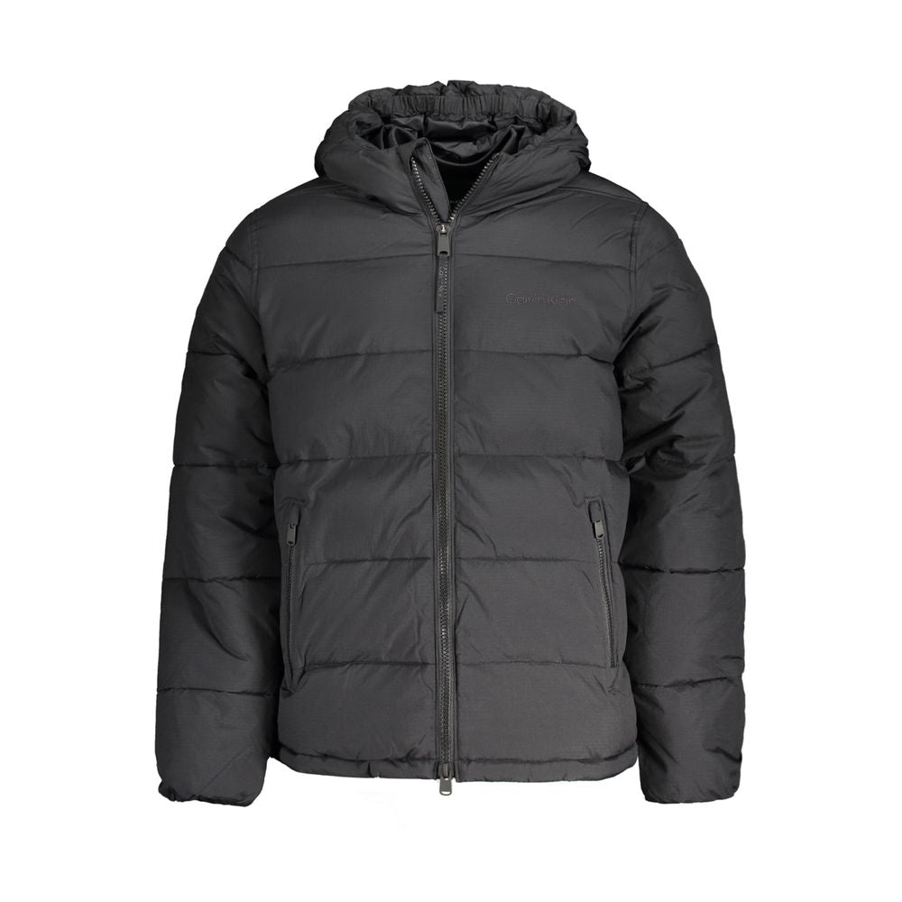 Calvin Klein Black Nylon Men Jacket with hood and pockets, sleek design, water-repellent, perfect for modern trendsetters.