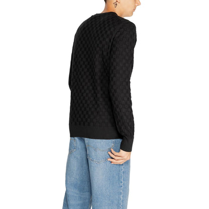 Back view of Calvin Klein Black Organic Cotton Sweatshirt with basket weave pattern and ribbed hem.