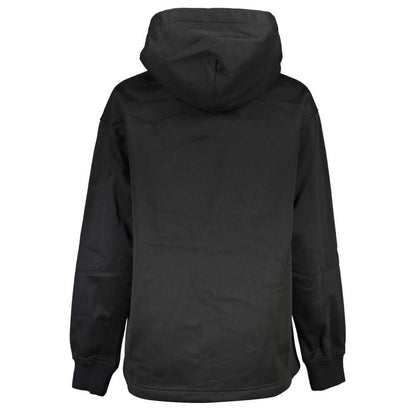 Rear view of Calvin Klein Black Polyester Women Sweater with hood, showcasing soft fleece fabric and sustainable design.