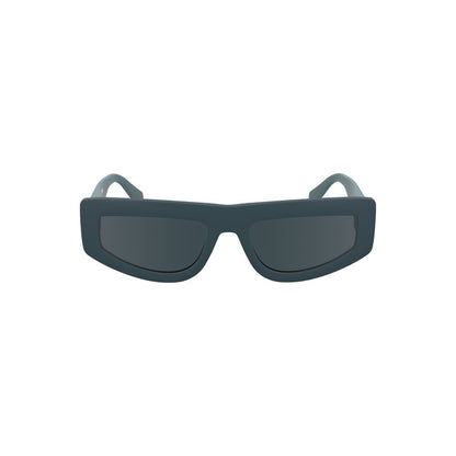 Rectangular blue sunglasses with dark lenses on white background