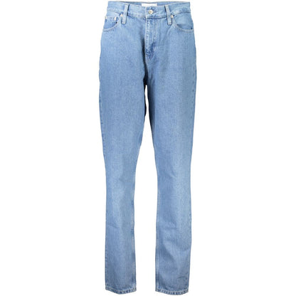 Calvin Klein Blue Cotton Jeans Denim with 5 pockets, button and zip, featuring logo and 20% recycled cotton, mom style fit.