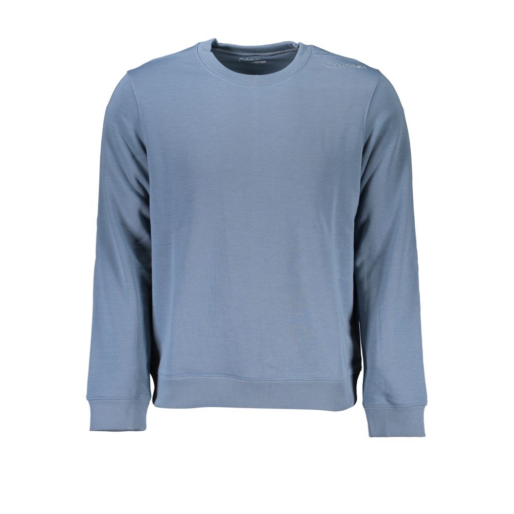 Calvin Klein Blue Polyester Men Sweater, sleek crew neck sweatshirt with CK logo, perfect for athleisure fashion in brushed luxury, color: blue.