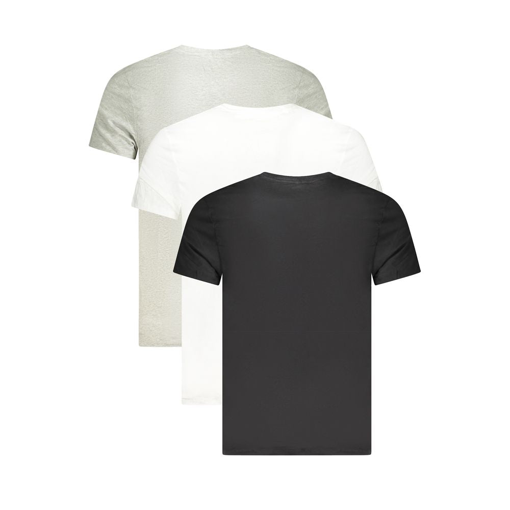 Calvin Klein Gray Cotton Men T-Shirt tri-pack featuring versatile short sleeve shirts in white, grey, and black with iconic logo.
