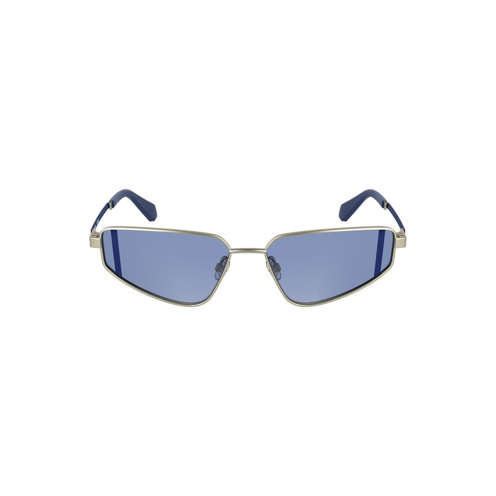 Calvin Klein Gray Metal Women Sunglasses with blue lenses, sleek rectangular design, and comfortable fit, perfect for a refined look.