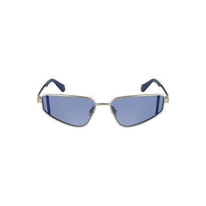 Calvin Klein Gray Metal Women Sunglasses with blue lenses, sleek rectangular design, and comfortable fit, perfect for a refined look.