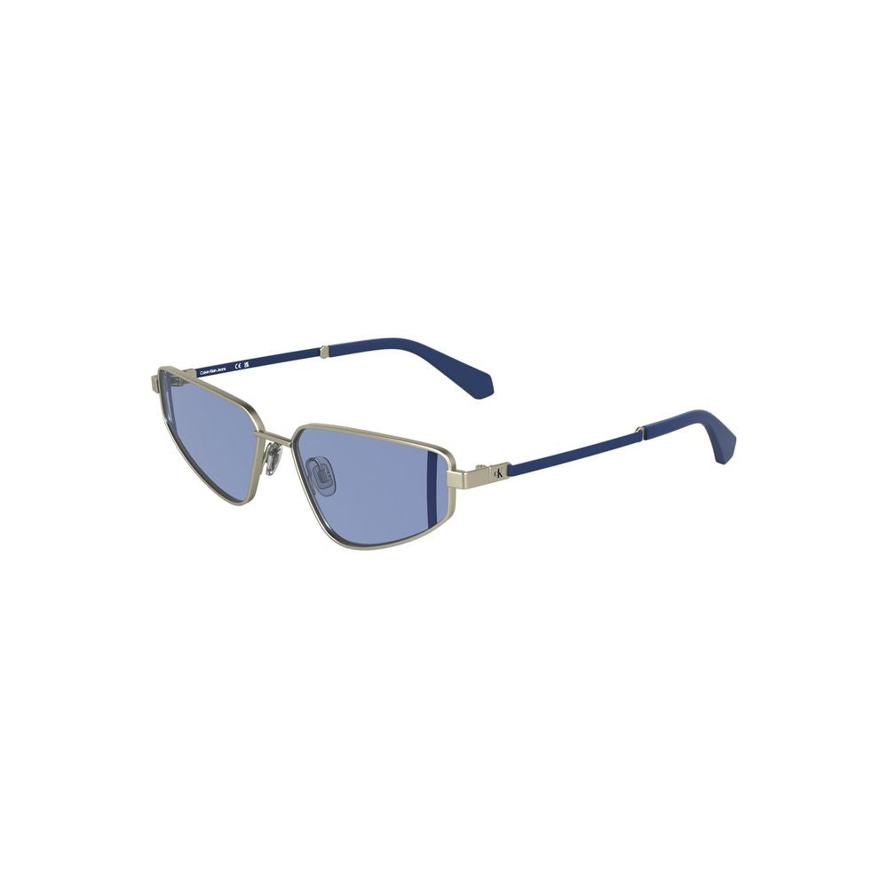 Calvin Klein Gray Metal Women Sunglasses with blue lenses and sleek rectangular design, perfect for fashion-forward elegance.
