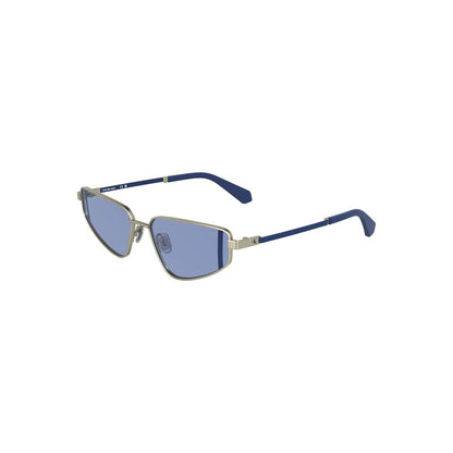 Calvin Klein Gray Metal Women Sunglasses with blue lenses and sleek rectangular design, perfect for fashion-forward elegance.