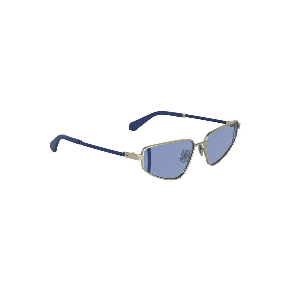 Calvin Klein Gray Metal Women Sunglasses with blue lenses and sleek rectangular design, perfect for fashion-forward style.
