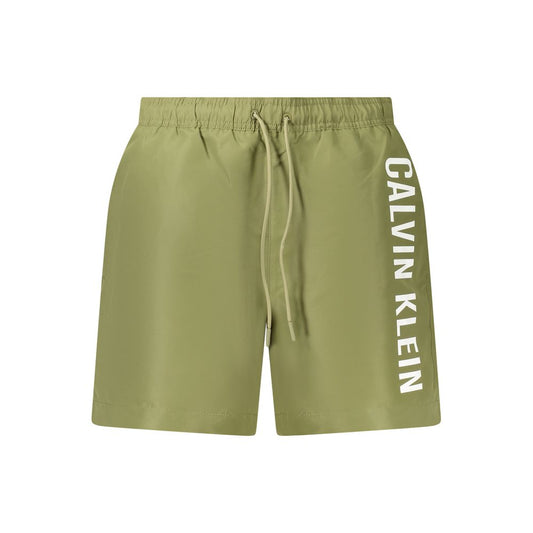 Calvin Klein Green Polyester Swimwear swim boxer with elastic waist, laces, logo print, 2 pockets, and 1 back pocket.