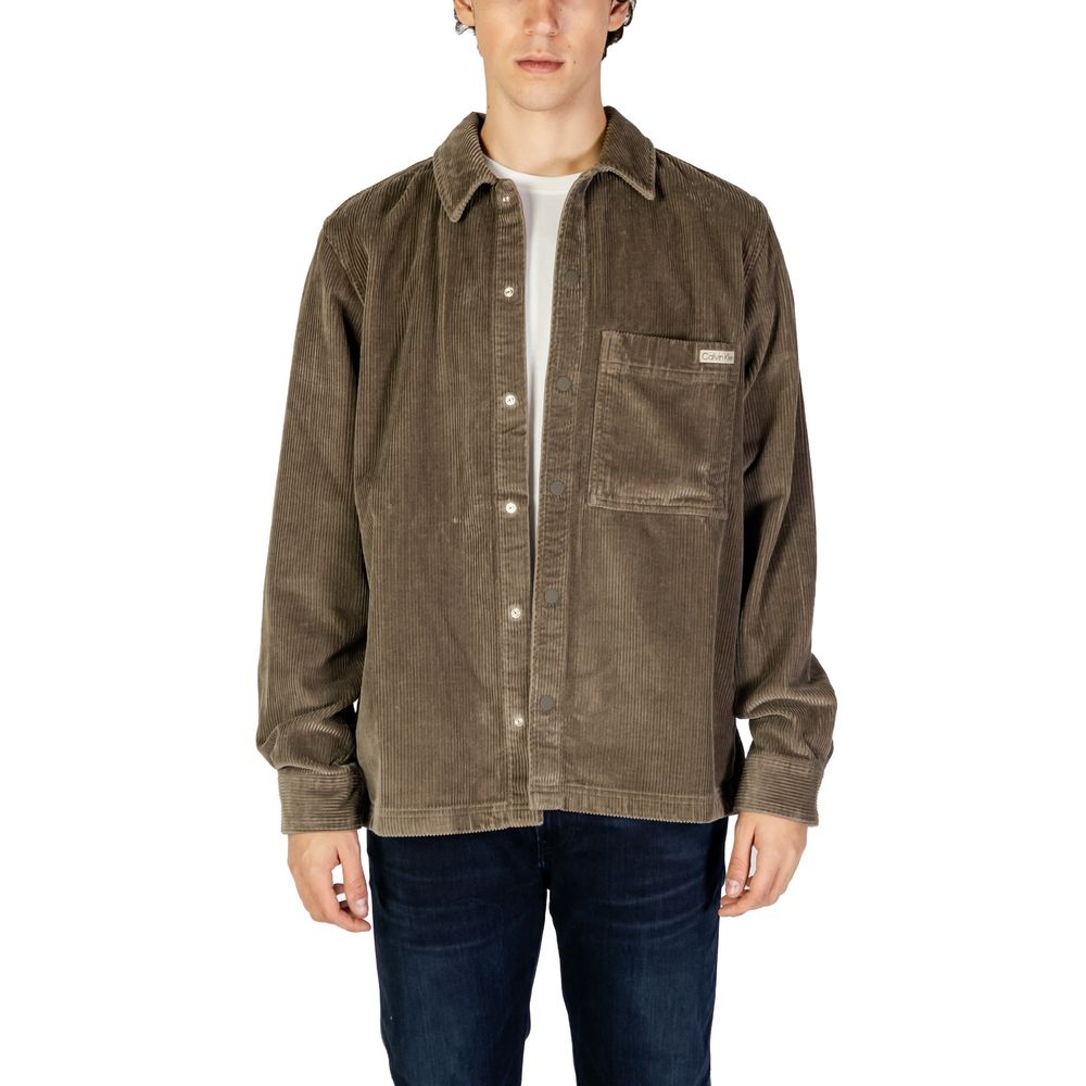 Calvin Klein Jeans Beige Denim Shirt, men's long-sleeve, corduroy design, front view with chest pocket and button closure