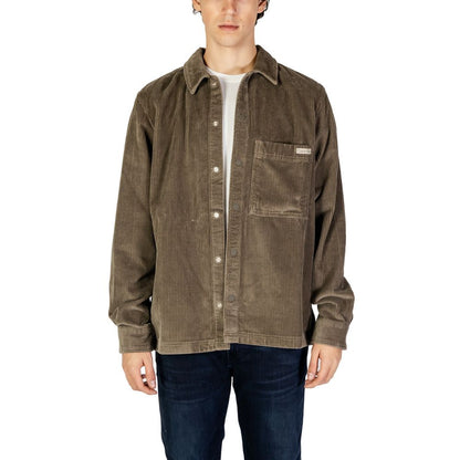Calvin Klein Jeans Beige Denim Shirt, men's long-sleeve, corduroy design, front view with chest pocket and button closure