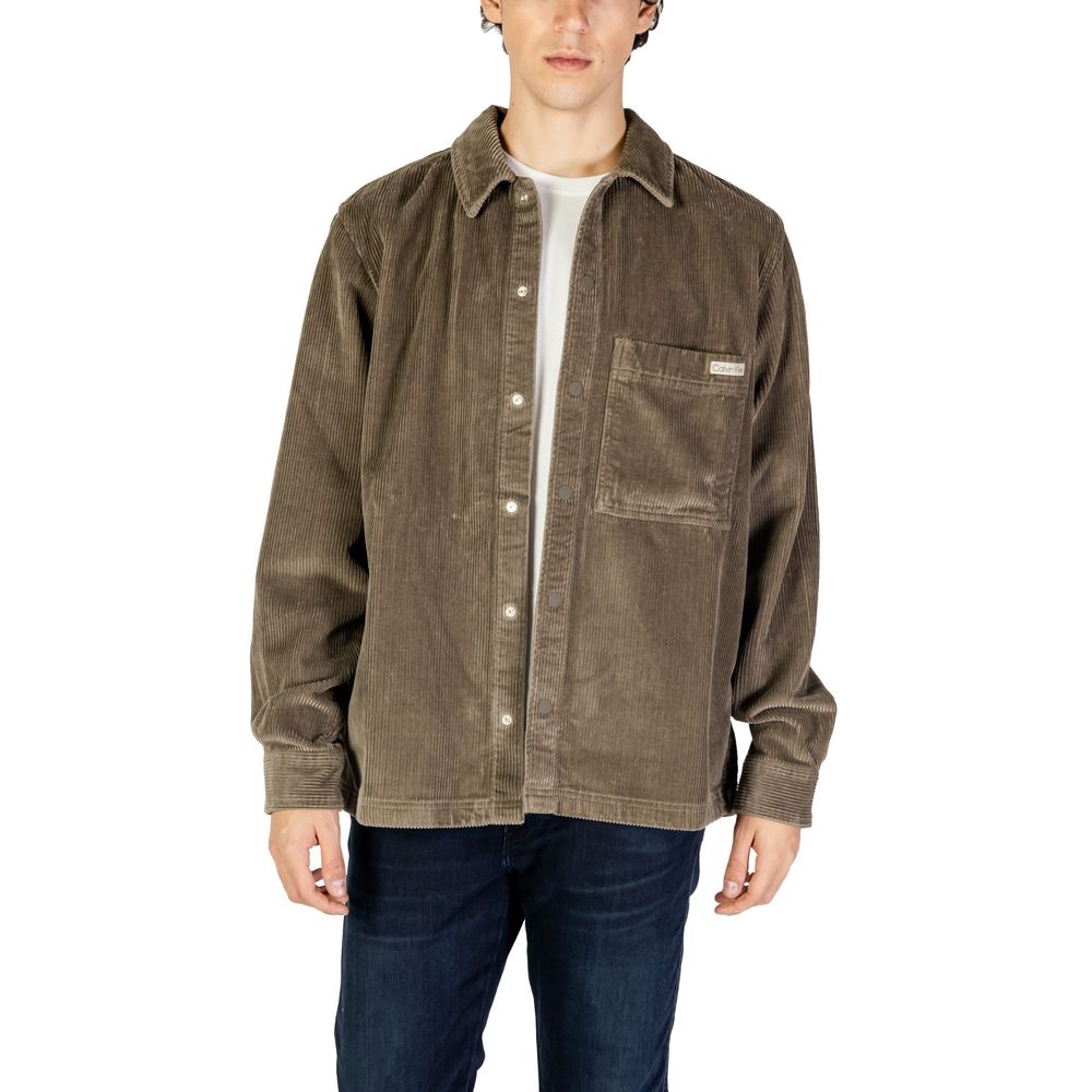 Calvin Klein Jeans Beige Denim Shirt, men's long-sleeve corduroy with button closure and chest pocket.