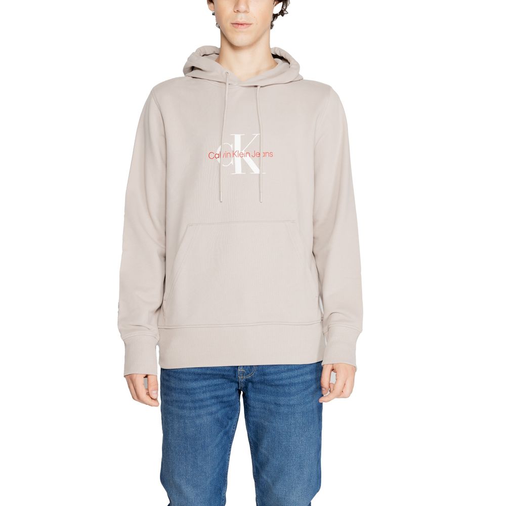Calvin Klein Jeans Beige Recycled Cotton Hoodie for men with logo detail, featuring a modern casual design, worn with jeans.