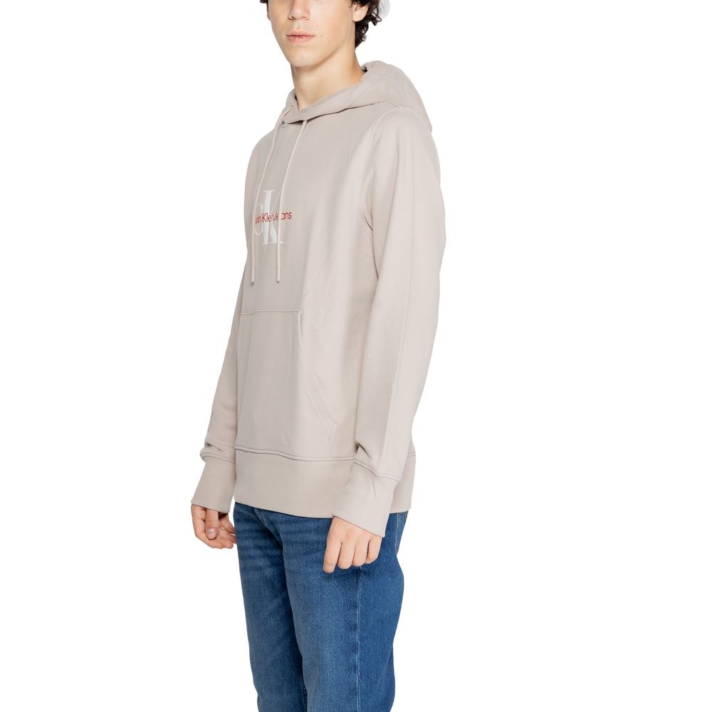 Calvin Klein Jeans Beige Recycled Cotton Hoodie for men featuring a distressed logo, perfect for casual wear with jeans.
