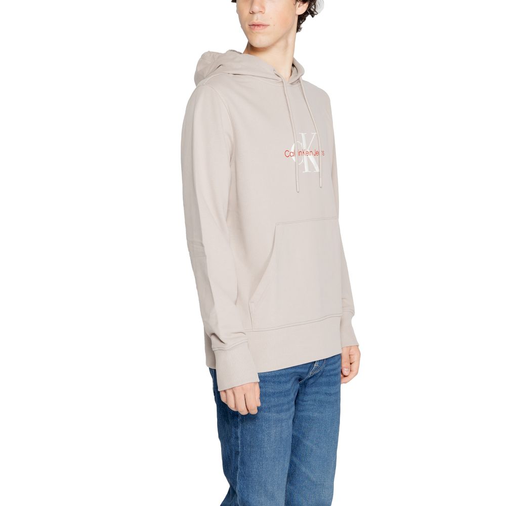 Calvin Klein Jeans Beige Recycled Cotton Hoodie with logo, modern casual style for men, perfect for pairing with jeans or sporty pants.