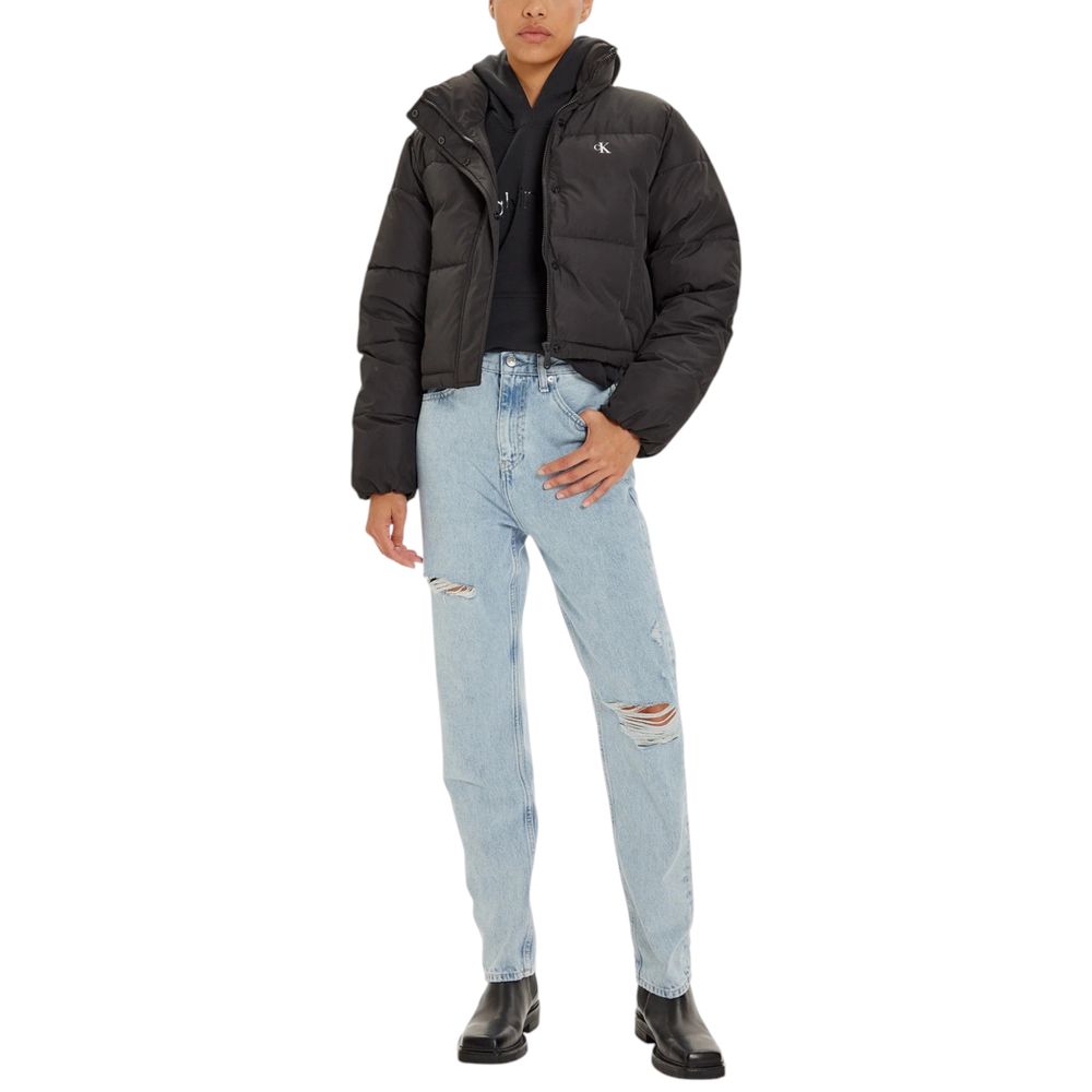 Calvin Klein Jeans Black Polyester Jackets & Coat, women's cropped puffer jacket, stylish and warm outerwear.