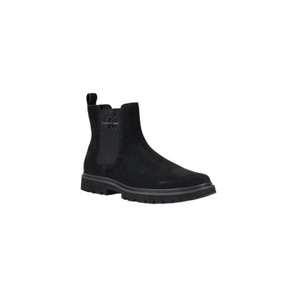 Calvin Klein Jeans Black Suede Leather Chelsea Boots men's footwear with side elastic inserts and embroidered logo.