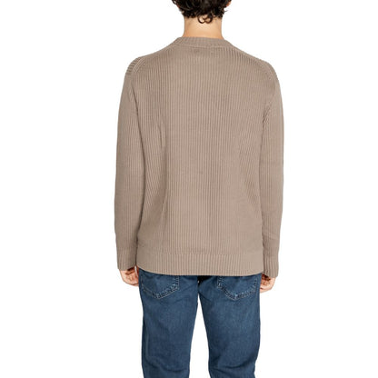 Back view of Calvin Klein Jeans Brown Organic Cotton Sweatshirt with ribbed knit design, showcasing relaxed fit and high-quality craftsmanship.