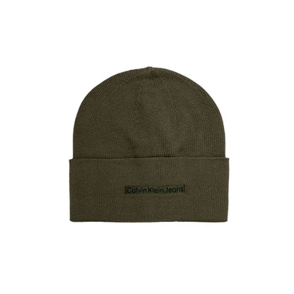 Calvin Klein Jeans Green Cotton Cap (Baseball Hat) with embroidered logo on a green beanie, ideal for winter wear and outdoor activities.