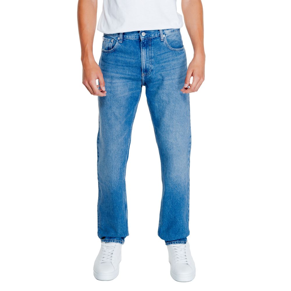 Calvin Klein Jeans Light Blue Cotton Relaxed Fit Jeans showcasing a straight, slightly loose fit with sustainable cotton blend for comfort.