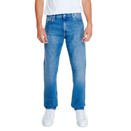 Calvin Klein Jeans Light Blue Cotton Relaxed Fit Jeans showcasing a straight, slightly loose fit with sustainable cotton blend for comfort.