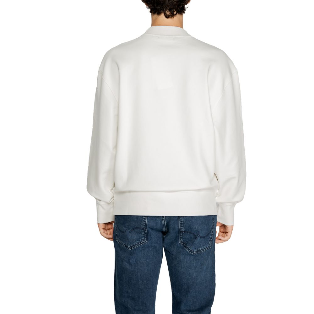 Back view of Calvin Klein Jeans White Recycled Cotton Sweatshirt in crew neck design with a regular fit, worn by a male model.