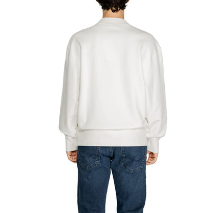 Back view of Calvin Klein Jeans White Recycled Cotton Sweatshirt in crew neck design with a regular fit, worn by a male model.