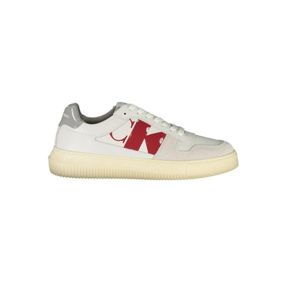Calvin Klein Sleek White Lace-Up Sneakers with Contrast Details featuring sustainable materials and distinctive logo design.