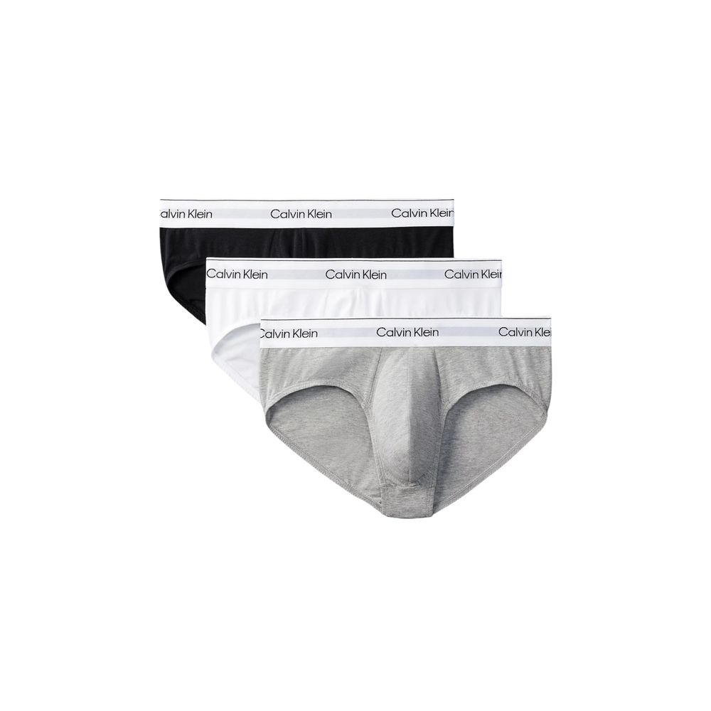 Calvin Klein Underwear Gray Cotton Briefs in a 3-pack set with black and white options, showcasing iconic logo waistband.