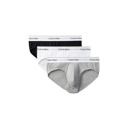 Calvin Klein Underwear Gray Cotton Briefs in a 3-pack set with black and white options, showcasing iconic logo waistband.