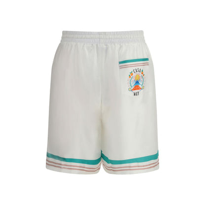 Casablanca White Silk Bermuda Shorts with elastic waistband, drawstring, and striped detailing, featuring side and back pockets.