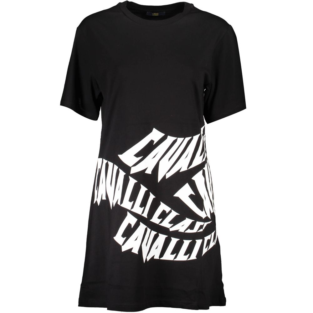 Cavalli Class Black Cotton Dress with print and logo, short sleeves, and round neck.