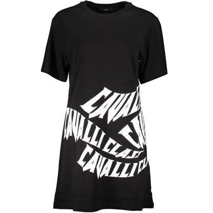 Cavalli Class Black Cotton Dress with print and logo, short sleeves, and round neck.