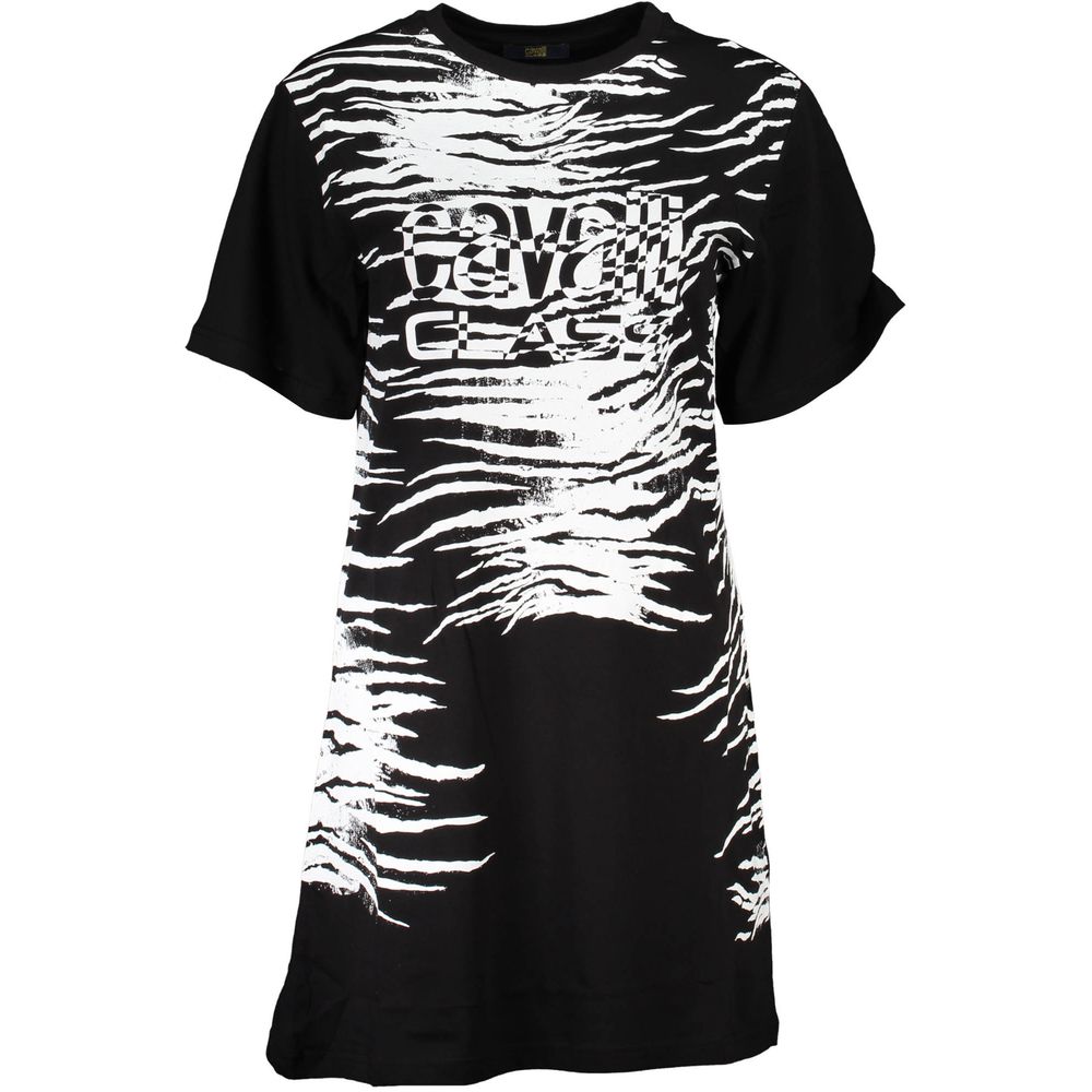 Cavalli Class Black Cotton Women Dress with bold print and iconic logo, chic short dress for modern elegance.