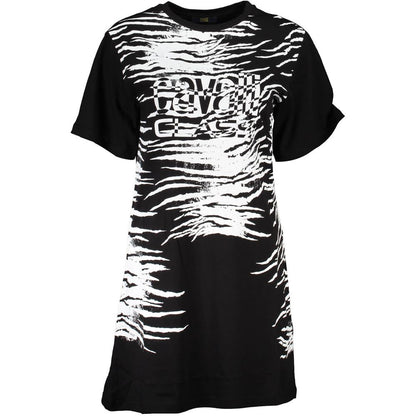 Cavalli Class Black Cotton Women Dress with bold print and iconic logo, chic short dress for modern elegance.