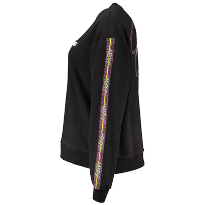 Side view of Cavalli Class Black Cotton Women Sweater with bold logo print and colorful sleeve detailing, showcasing fashionable design.