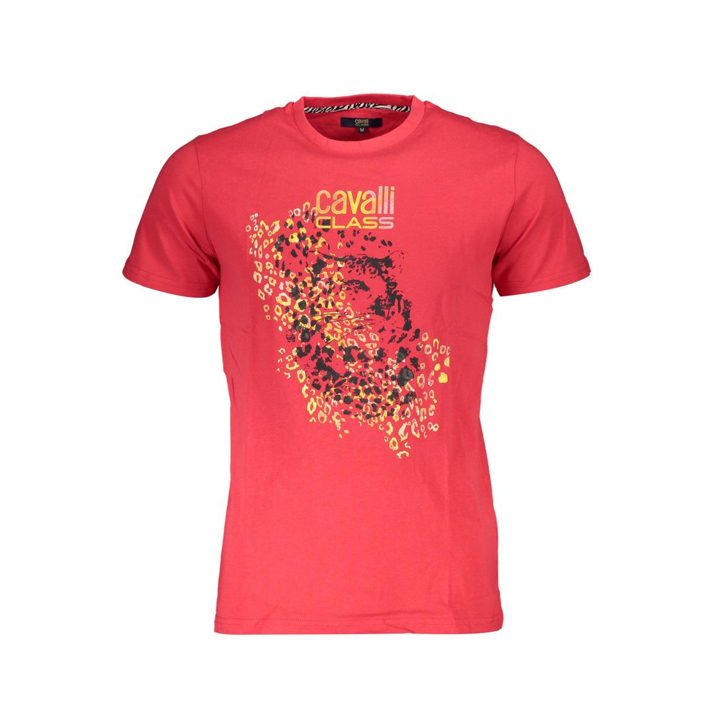 Cavalli Class Red Cotton Men T-Shirt with logo and vibrant print