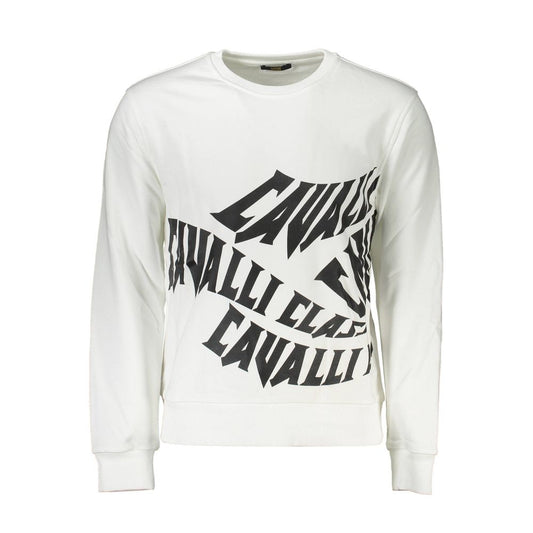 Cavalli Class White Cotton Men Sweater with bold logo design, long sleeves, and crew neck, ideal for urban style and luxury comfort.