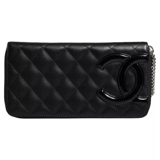 Chanel Black Quilted Leather Logo CC Continental Zip Wallet with embossed logo and chain detail.