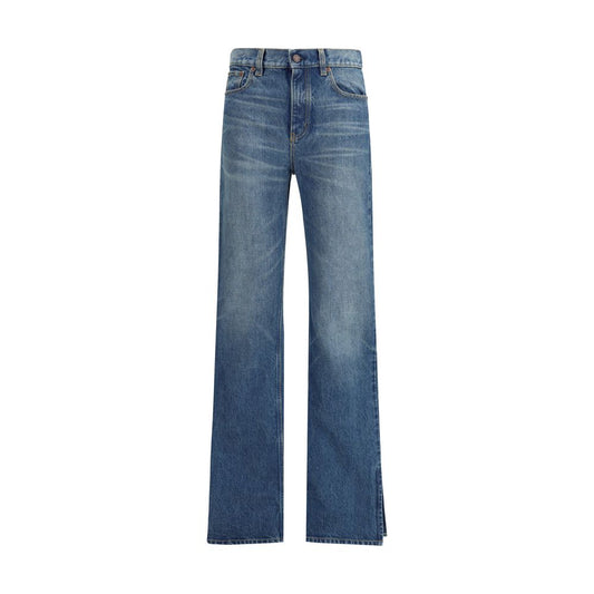 Chloé Blue Cotton Straight-Leg Jeans with indigo wash and slit hem, featuring front zip closure, five pockets, and branded leather patch.