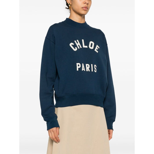 Chloé Chloè Sweaters Blue cotton jersey with logo patch, mock neck, long sleeves, straight hem; model wearing size S, true to size fit.